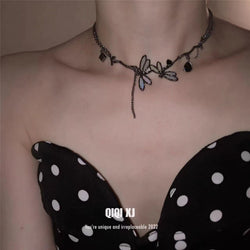 Image of Colorful Dragonfly Dark Black Clavicle Chain Necklace 🐉🖤 - ZenAura