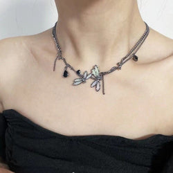 Image of Colorful Dragonfly Dark Black Clavicle Chain Necklace 🐉🖤 - ZenAura