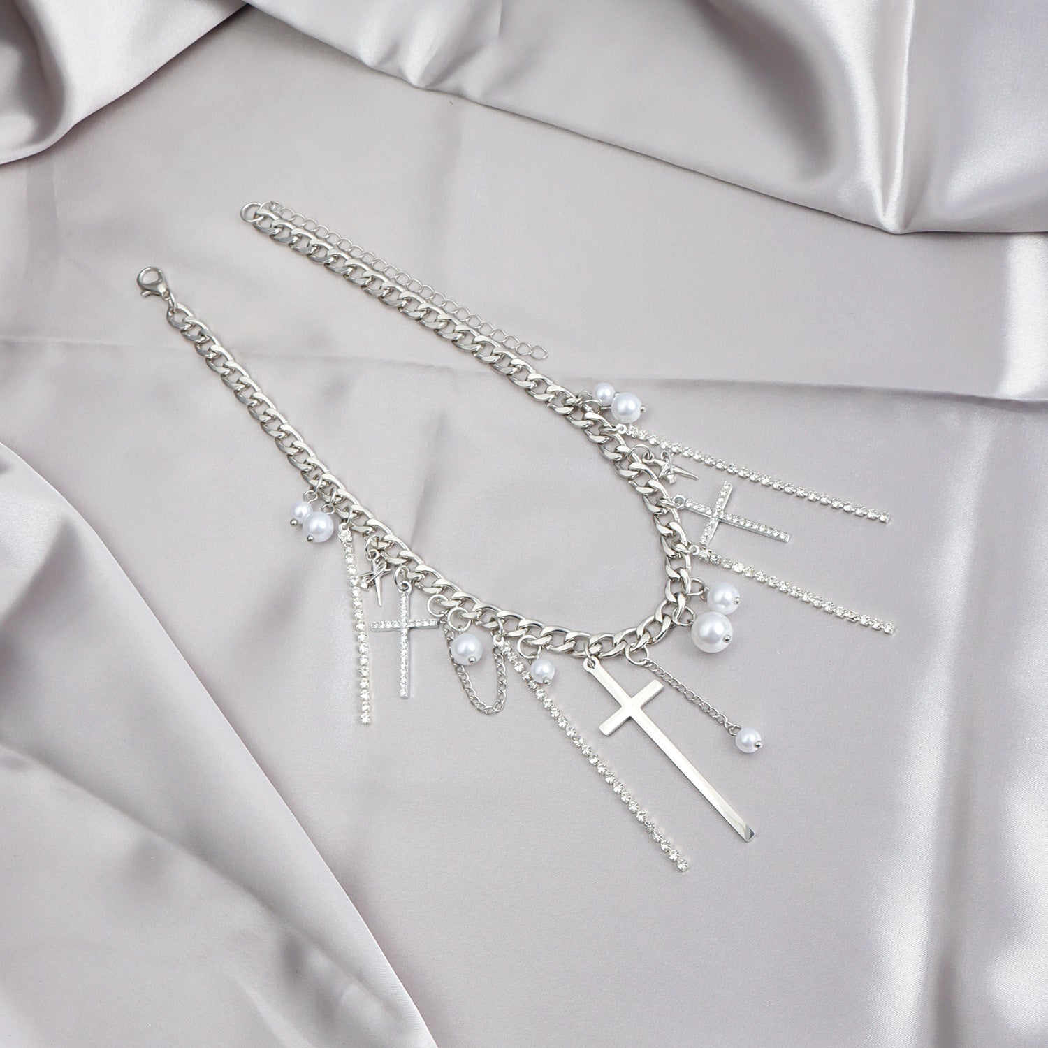 Diamond Cross Tassel Clavicle Chain Necklace ✝️💎 - ZenAura