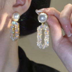 Image of Oval Full Diamond Eardrops with Pearl Accent 💠🤍 - ZenAura