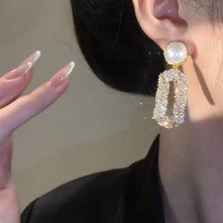 Image of Oval Full Diamond Eardrops with Pearl Accent 💠🤍 - ZenAura