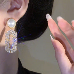 Image of Oval Full Diamond Eardrops with Pearl Accent 💠🤍 - ZenAura
